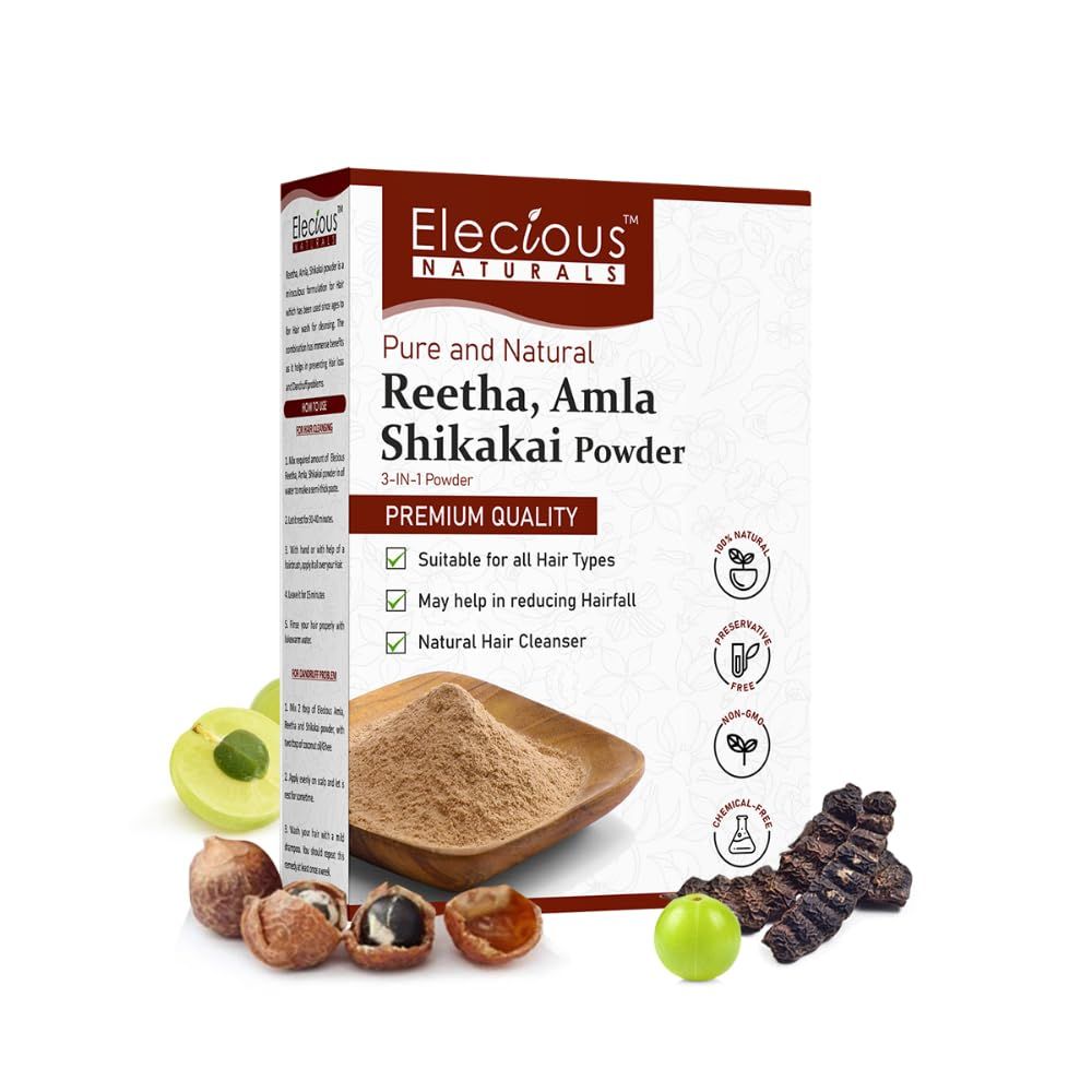 Elecious Naturals Amla, Reetha, Shikakai Powder for Hair 3-in-1 Natural Hair Cleanser 100 Natural, No Chemical, No Preservative SLS, Paraben Free Ready to Use