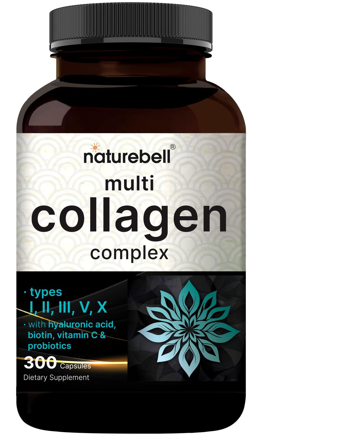 NatureBell Multi Collagen Complex, 300 Capsules 5 Collagen Peptides (Type I, II, III, V, X) Plus Hyaluronic Acid, Biotin, Vitamin C, Probiotics - Hair, Skin, Nail, Joint, Gut Health Support