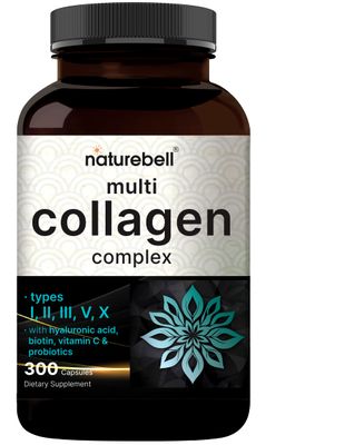 NatureBell Multi Collagen Complex, 300 Capsules 5 Collagen Peptides (Type I, II, III, V, X) Plus Hyaluronic Acid, Biotin, Vitamin C, Probiotics - Hair, Skin, Nail, Joint, Gut Health Support