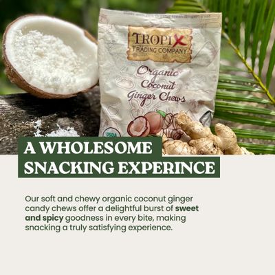 Tropix Trading Company Organic Ginger Chews - Sweet and Spicy, Made with Fresh USDA Organic Ginger, Non-GMO, No Added Flavorings, Vegan, Gluten-Free (Coconut)