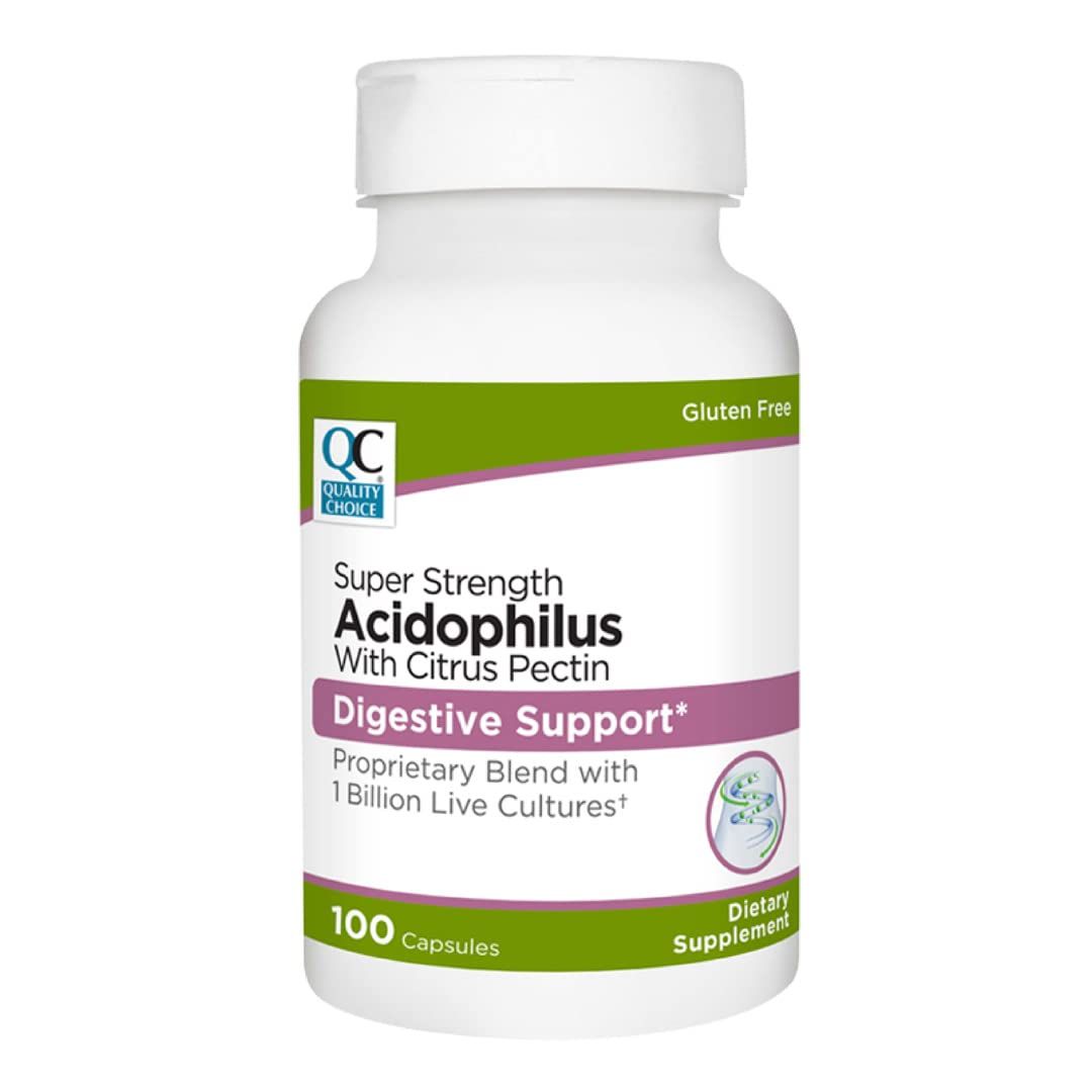 Quality Choice Digestive Support Acidophilus with Citrus Pectin - 100 Capsules - Daily Probiotic Formula with Citrus-Derived Fiber - Easy-to-Swallow Capsules