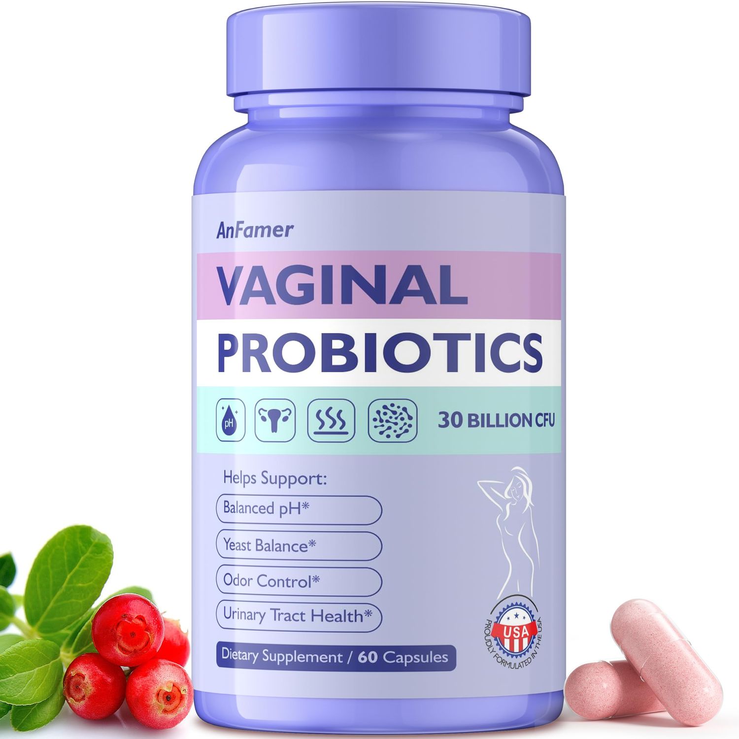 AnFamer Vaginal Probiotics for Women Female,Promotes Ph Balance,Healthy Vaginal Odor Flora,Urinary Tract Health with Prebiotics Lactobacillus Probiotic Blend 30 Billion CFU,60 Capsules
