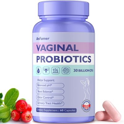 AnFamer Vaginal Probiotics for Women Female,Promotes Ph Balance,Healthy Vaginal Odor Flora,Urinary Tract Health with Prebiotics Lactobacillus Probiotic Blend 30 Billion CFU,60 Capsules