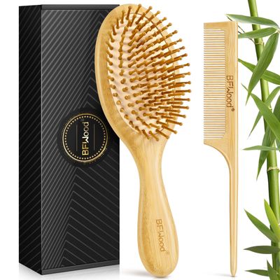 BFWood Bamboo Hair Brush for Hair Growth, Natural Wooden Brush and Detangle Tail Comb Set, Paddle Hairbrush for Massaging Scalp, for Women Men