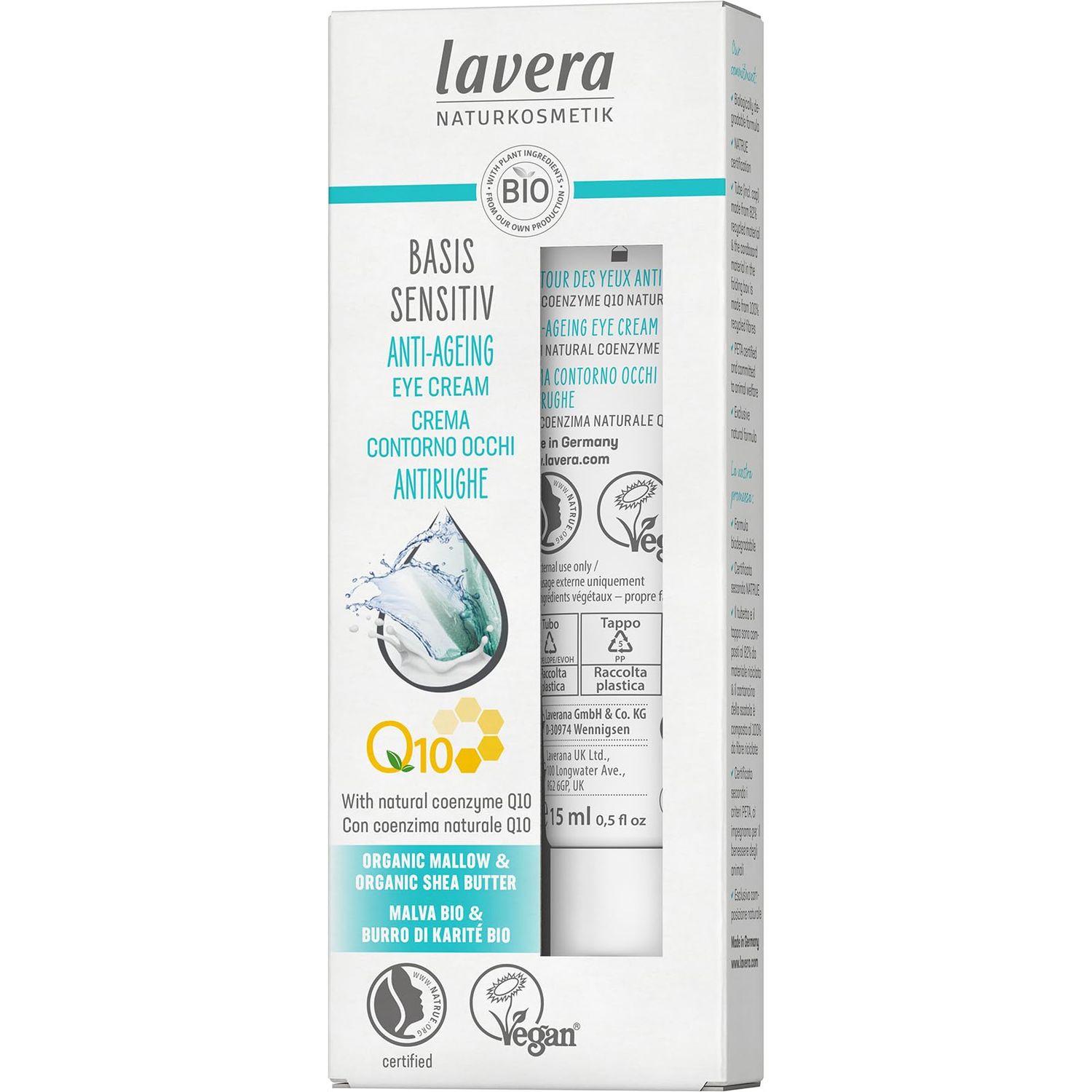lavera Anti-Aging Eye Cream with innovative natural composition of coenzyme Q10, Organic Jojoba Oil Aloe Vera to actively fight wrinkles, fine lines signs of skin aging for under eyes - 0.5 Oz