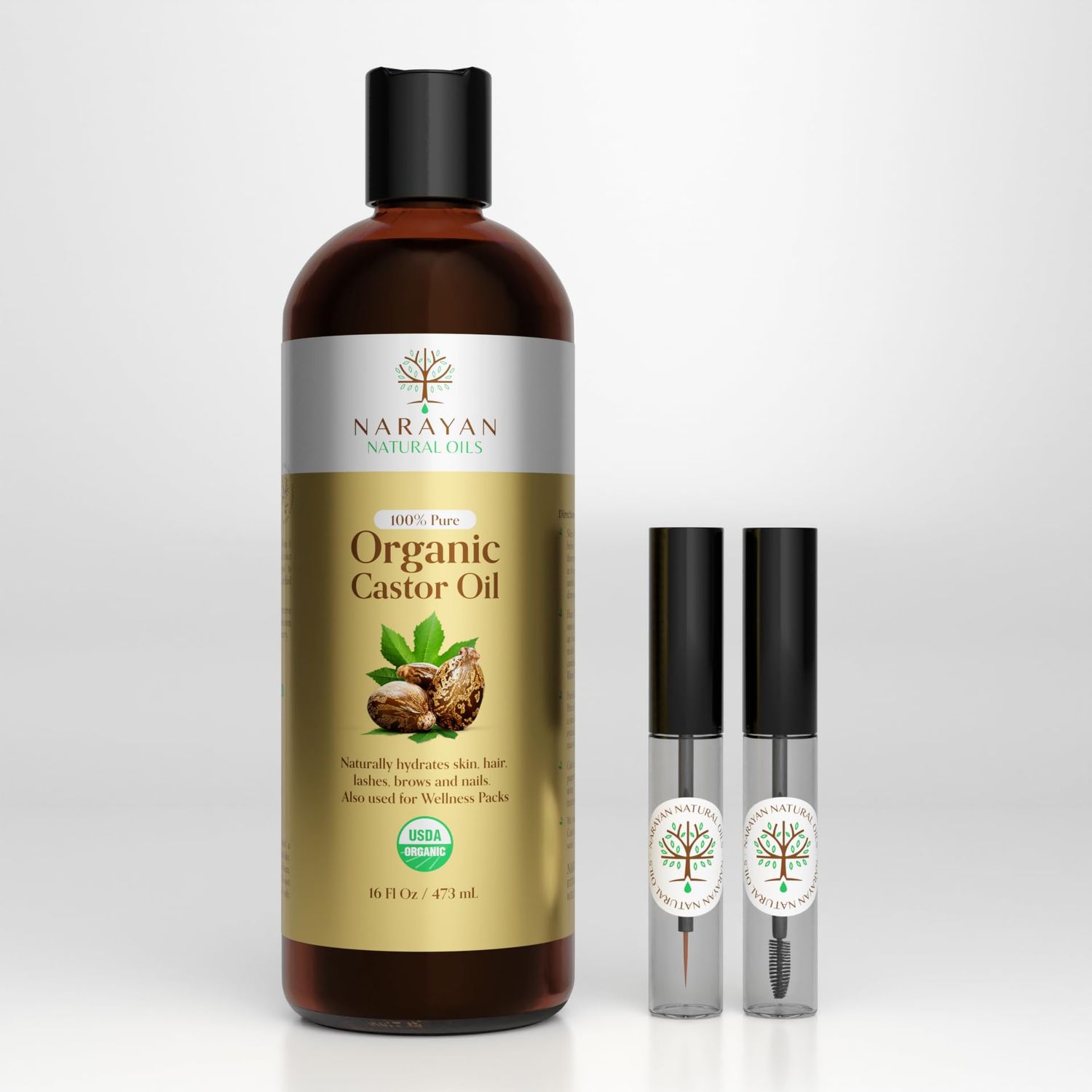 Narayan Organic Castor Oil (16 Fl Oz) - USDA Certified Natural Hexane Cruelty Free Cold Pressed - For Hair Growth, Eyelashes, Eyebrows Skin - Extraordinary for Wellness Packs - Includes Beauty Kit