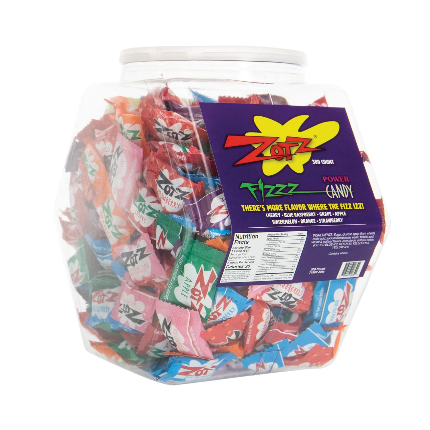 Zotz Fizzy Candy, 300 Pieces - Individually Wrapped Hard Candies with Sour Candy Center - Bulk Pack of Assorted Flavored Candy in Reusable Plastic Tub