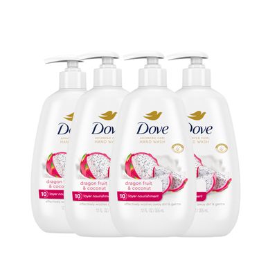 Dove Advanced Care Hand Wash 4 Count for Effectively Washing Away Dirt Germs, Dragonfruit Coconut with 10-Layer Nourishment