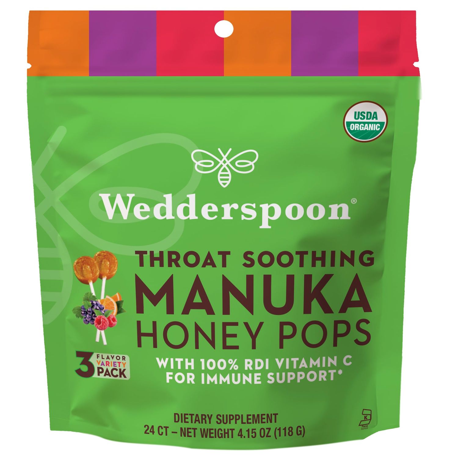 Wedderspoon Organic Manuka Honey Lollipops, Variety Pack, 24 Count (Pack of 1), Genuine Manuka Honey Vitamin C