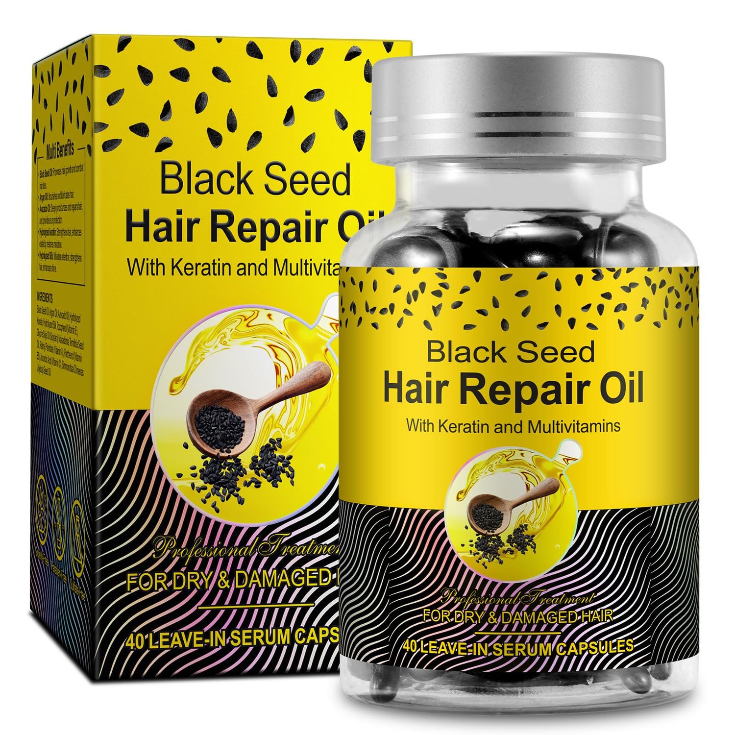 VXHDAG Black Seed Oil Capsules - Cold Pressed Black Seed Hair Repair Oil with Keratin and Multivitamins for Dry Damaged Hair Antioxidant, High Thymoquinone, 40 Capsules