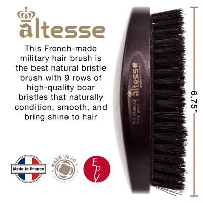 Altesse 1319P Military Brush Boar Bristle Hair Brush for Men Beard and Mustache Beard Dark Beechwood Hard Military Brush for Men with 9 Rows of 100 Firm Natural Bristle Hair Brush Handmade In France