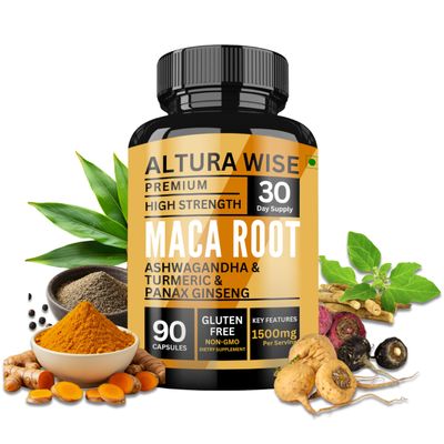 Maca Root Capsules 1500mg - Black Red Yellow Blend with Ashwagandha, Panax Ginseng, Turmeric Black Pepper - Energy, Focus, Performance, Mood Immune Support for Men Women - 90 Caps