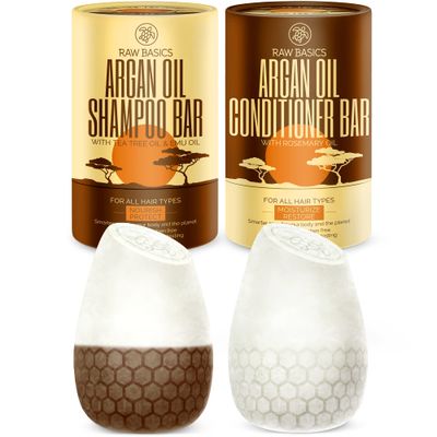 Moroccan Argan Oil Shampoo and Conditioner Solid Bars Set - Zero Waste Natural Products and Sulfate Free Travel Size Toiletries - No Bottle - Care for Women and Men with Dry Damaged Hair