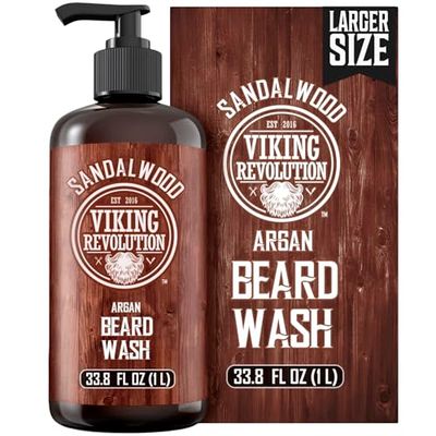 Viking Revolution Sandalwood Beard Wash for Men with Argan Oil - Beard Softener and Strengthener Beard Shampoo with Ginseng, Red Sage, Vitamin B5, Vitamin E - Sandalwood Beard Care (33.8 Fl oz)