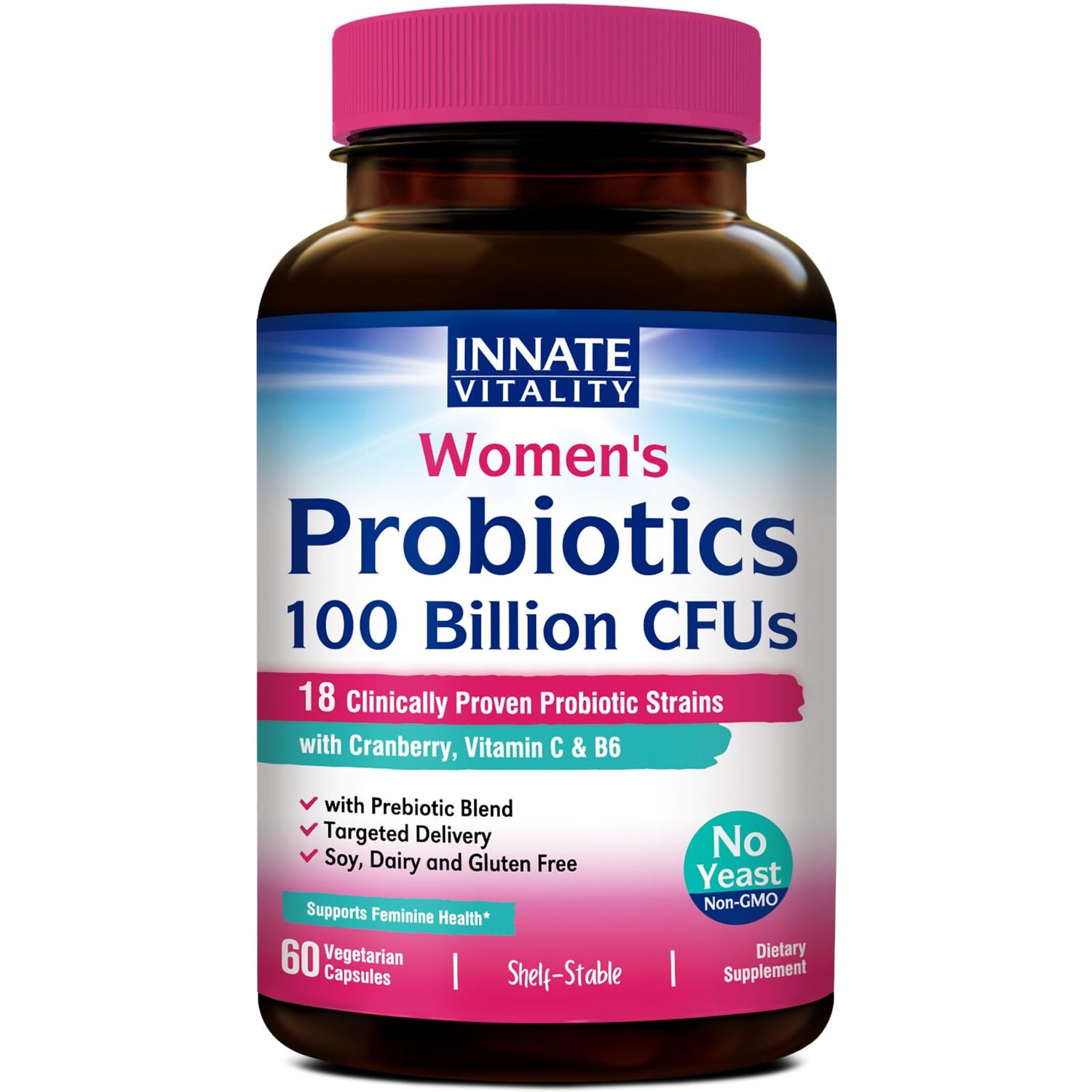 Innate Vitality Probiotics for Women, 100 Billion CFUs 18 Strains, Prebiotics and Probiotics, with Cranberry, Vitamin C B6 P5P, Vaginal Digestive Health, Non refrigerated, 60 Caps