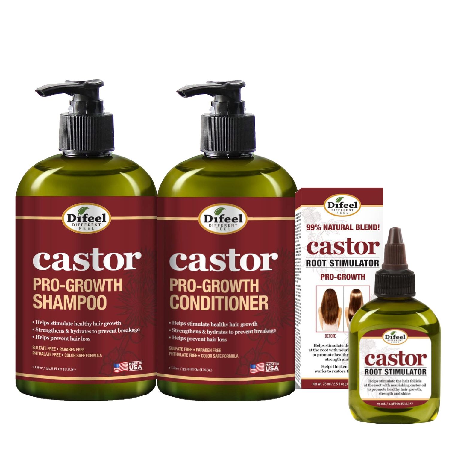 Difeel 3-PC Castor Pro-Growth Hair Growth: Cleansing Treatment Set - Includes 12 oz Shampoo, 12oz Conditioner, 2.5oz Root Stimulator