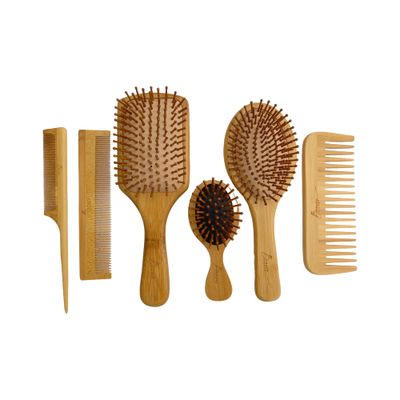 6 in 1 Wooden Natural Bamboo Detangling Hair Brush and Comb Set by BeaverStrong (Natural Wood)