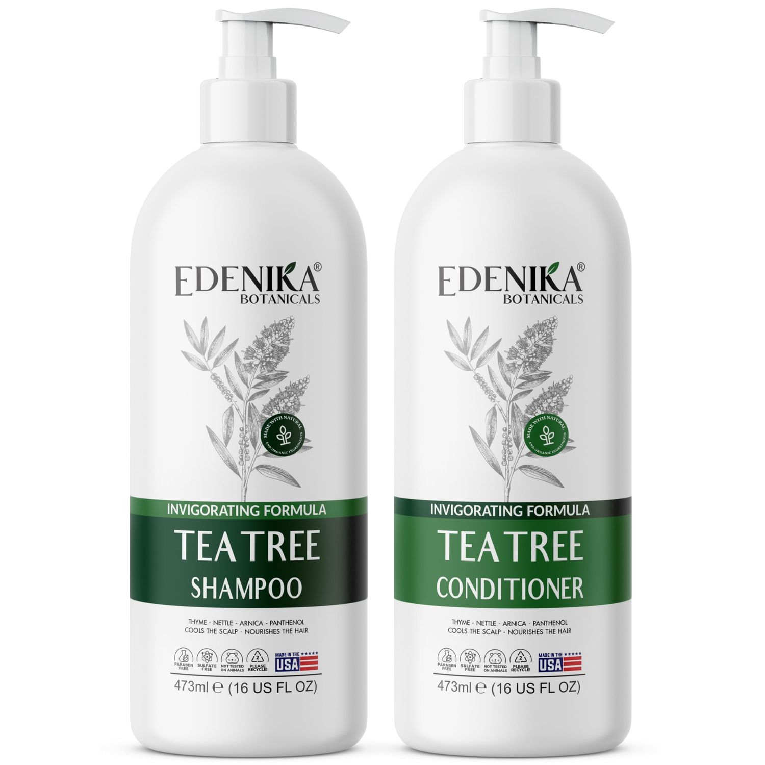 EDENIKA BOTANICALS Tea Tree Oil Shampoo and Conditioner, Soothes Itchy Dry Scalp, Deep Cleansing for Dandruff Buildup, Hydrates Refreshes, Sulfate Free, Women Men, 16 fl oz Each
