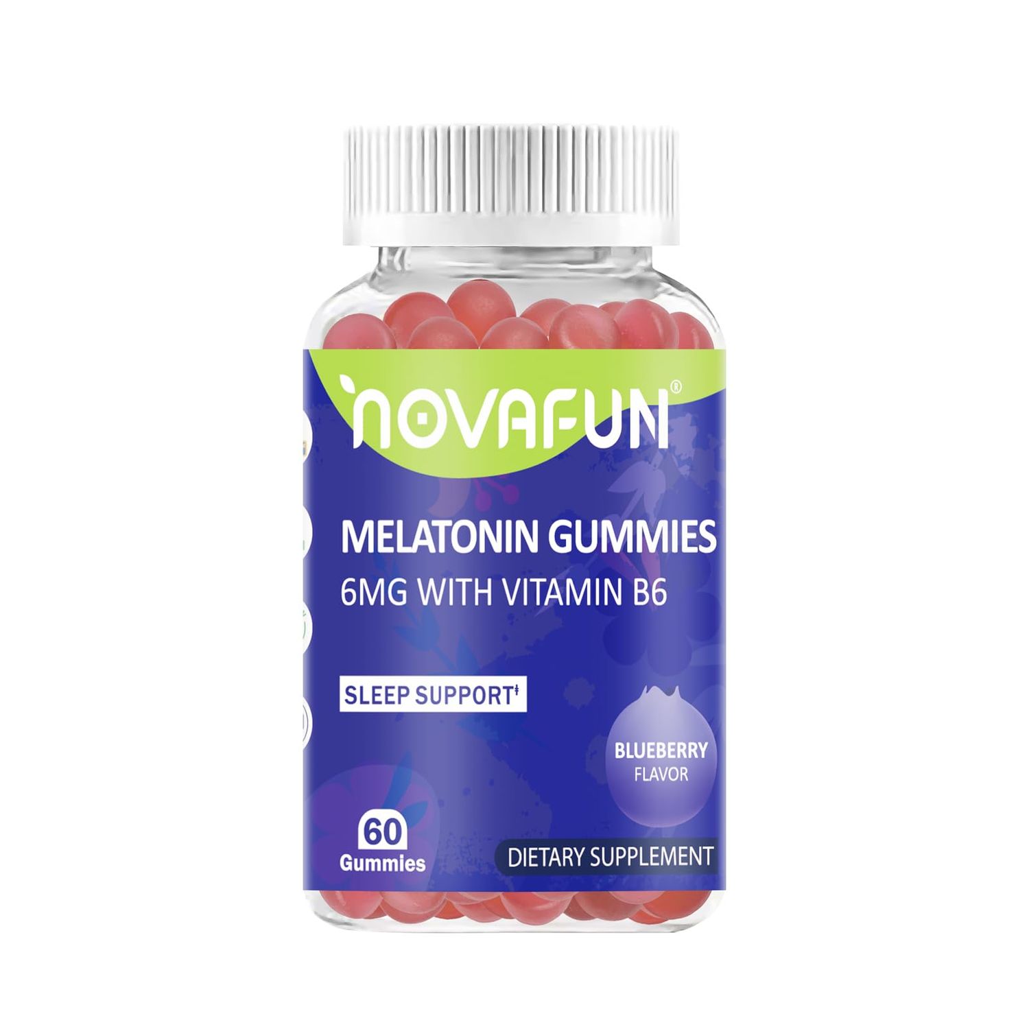 Novafun 6mg Melatonin Gummies with Vitamin B6, Vegetarian Gluten-Free, Blueberry Flavor, 60 Count