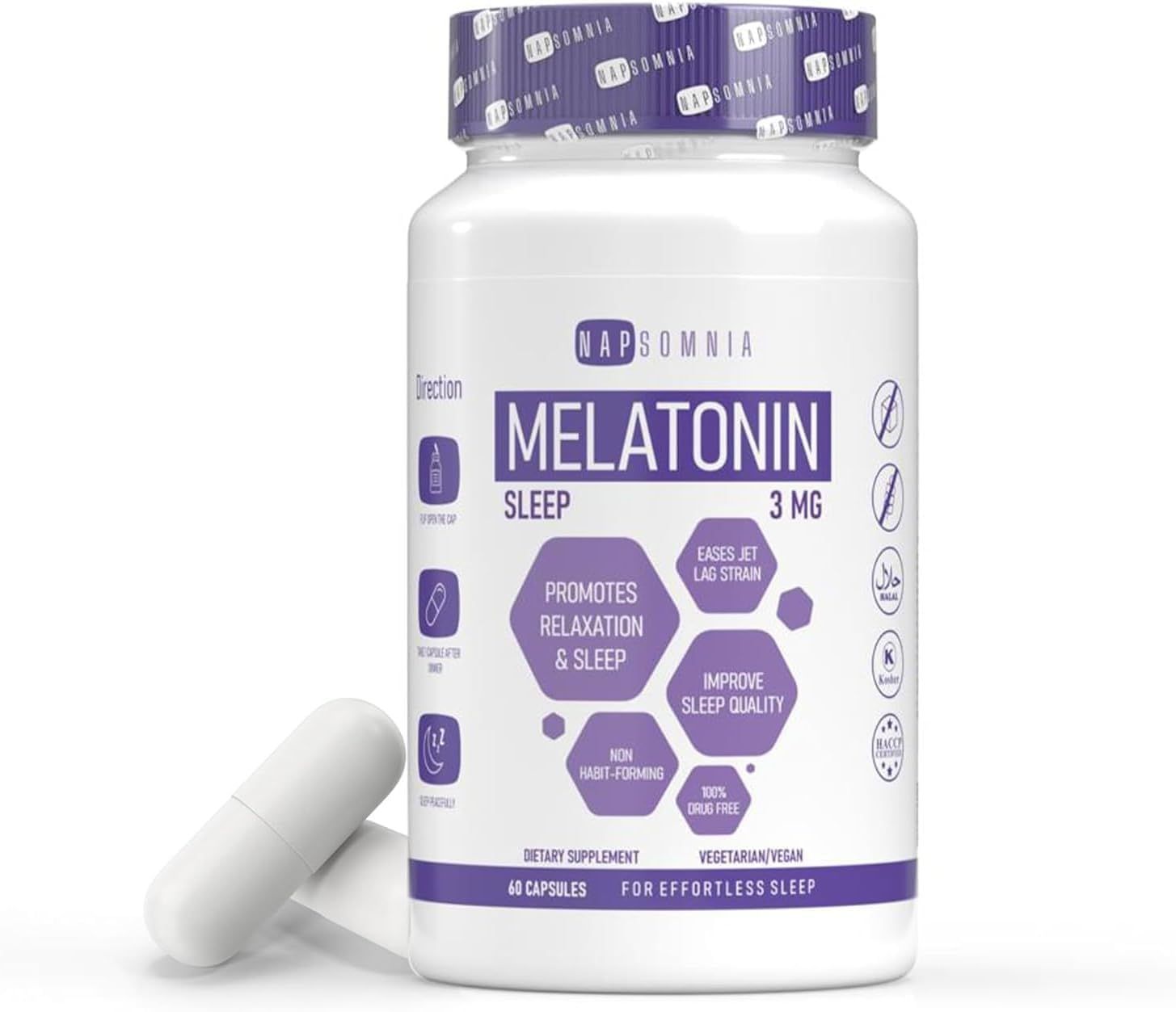 NAPSOMNIA Melatonin for Sleeping for Men Women - Sleep Melatonin -Valerian Root Extract - Vegetarian 3mg Melatonin Capsules - Sleep Aid for Adults - Deep Sleep Supplements to Ease Jet Lag Strain