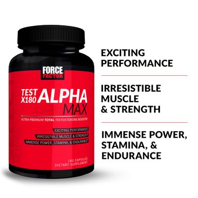 FORCE FACTOR Test X180 Alpha Max, 2-Pack, Total Testosterone and Nitric Oxide Booster for Men with Fenugreek Seed Tribulus to Increase Blood Flow Improve Male Athletic Performance, 360 Capsules