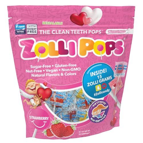Zollipops - Valentine&#39;s Day Strawberry - Clean Teeth Lollipops Anti-Cavity, Sugar-Free Candy For Healthy, Clean Teeth - Great for Kids, Diabetics Keto Diet, 3.1 Oz
