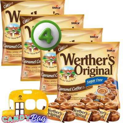 (PACK 4) Werther Caramel Coffee Sugar Free Hard Candies - One Resealable Candy ZipBag from Think FWD Included (Sugar Free Coffee)