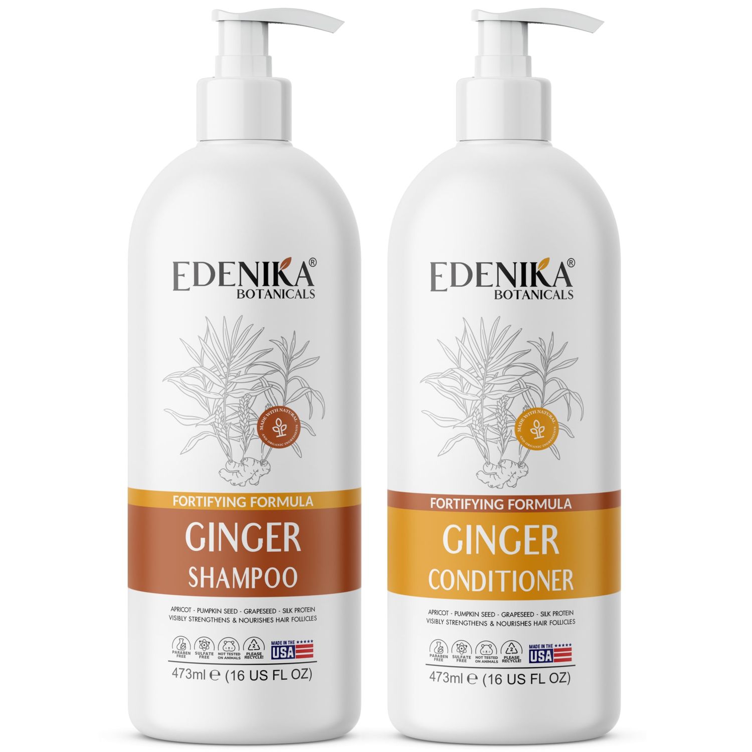Edenika Botanicals Ginger Shampoo and Conditioner Set, Fortifying Formula with Certified and Organic Ingredients Naturally Nourish, Smooth and Detangle Hair 16oz Each