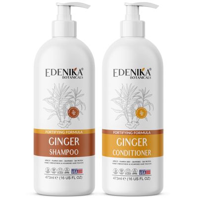 Edenika Botanicals Ginger Shampoo and Conditioner Set, Fortifying Formula with Certified and Organic Ingredients Naturally Nourish, Smooth and Detangle Hair 16oz Each