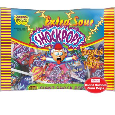 DOUzzle Giant Shock Pops, Extra Sour Bubble Gum Pops (Pack of 1) Individually Wrapped Candies, Birthday Party Favors, Goodie Bags Stuffers, Pinata Filler - Gluten Free, Kosher Parve
