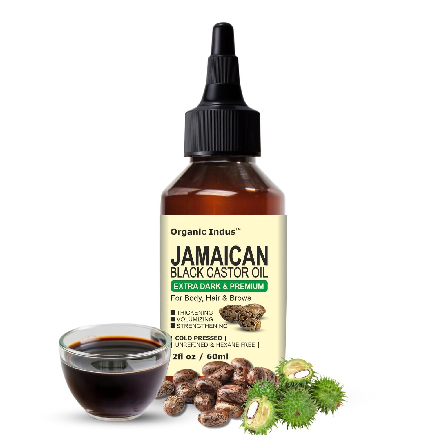 Organic Indus Extra Dark Jamaican Black Castor Oil for Healthy, Thick and Black Hair, Scalp Massage, Skin Moisturizing, Eyelash Growth and Eyebrow Enhancer, 2 Ounce