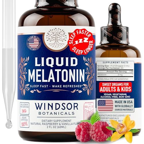 Liquid Melatonin for Adults and Kids 6 Years Up - 3mg Melatonin Drops Extra Strength Liquid Sleep Aid - Fast Absorbtion, Raspberry Vanilla Flavor Melatonina - 2oz, 2-Month Supply, Made in USA