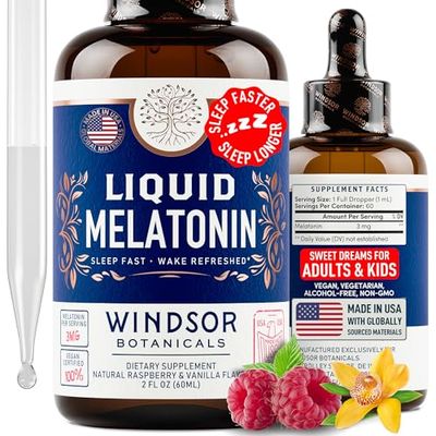 Liquid Melatonin for Adults and Kids 6 Years Up - 3mg Melatonin Drops Extra Strength Liquid Sleep Aid - Fast Absorbtion, Raspberry Vanilla Flavor Melatonina - 2oz, 2-Month Supply, Made in USA