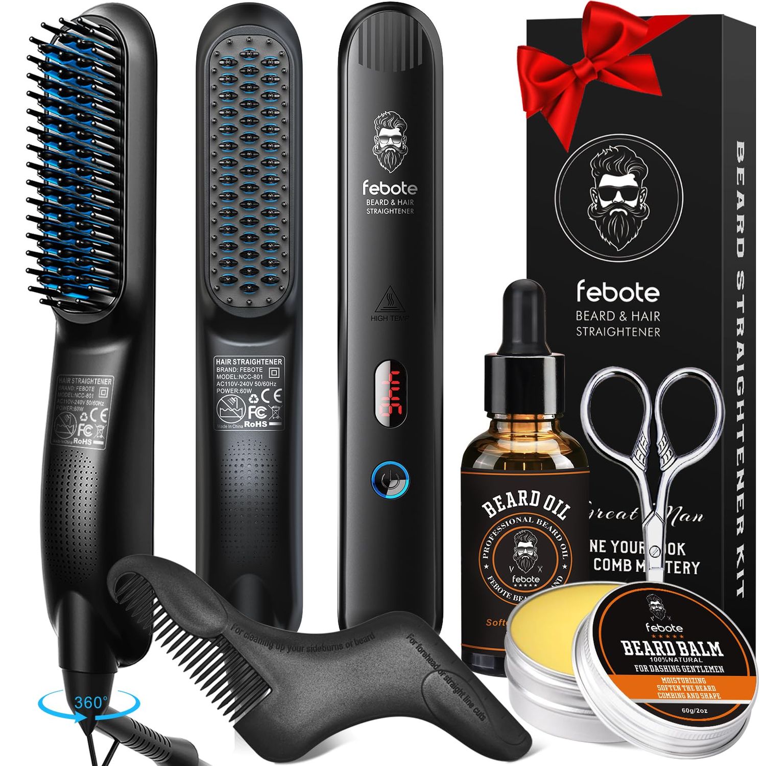 FEBOTE Innovation Blue Beard Straightener Kit w, Beard Balm, Beard Growth Oil, Beard Styling Comb Scissors, Upgraded 5-in-1 Beard Set, Unique Stocking Stuffer Gifts for Friend, Father Him