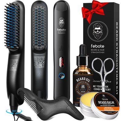 FEBOTE Innovation Blue Beard Straightener Kit w, Beard Balm, Beard Growth Oil, Beard Styling Comb Scissors, Upgraded 5-in-1 Beard Set, Unique Stocking Stuffer Gifts for Friend, Father Him