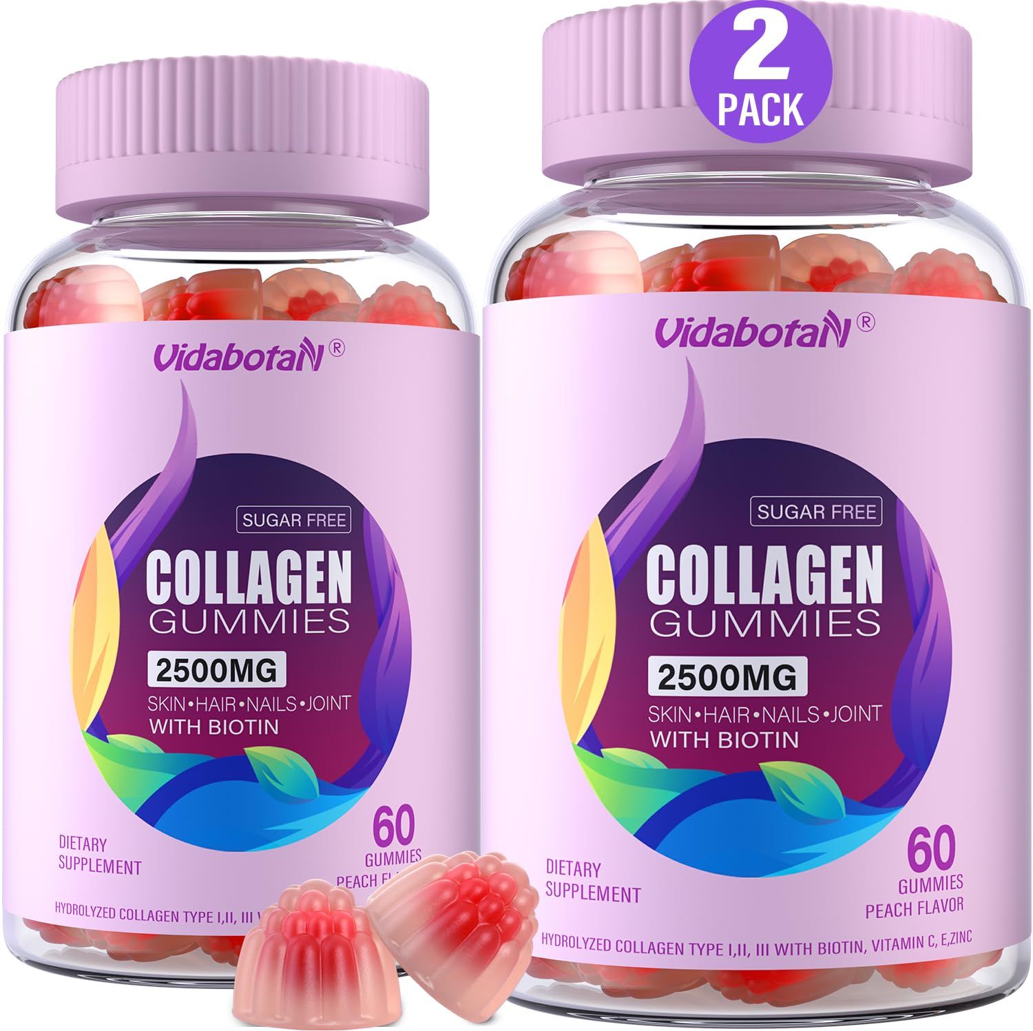 Sugar Free Collagen Gummies for Women, Super Strength 2500mg Hydrolyzed Collagen Peptides Gummies with Biotin,Vitamin D3,E,C,B12,Zinc for Skin, Nail, Hair,Bone,Joint-Natural Peach Flavor,120 Gummies