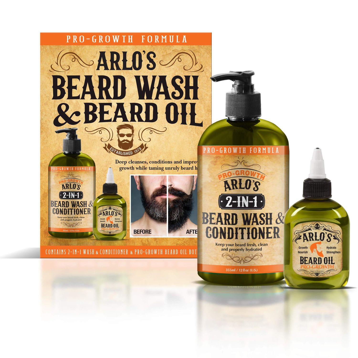 Arlo&#39;s 2-in-1 Pro-Growth Beard Wash and Conditioner 12 oz with Pro-Growth Beard Oil 2-PC Kit