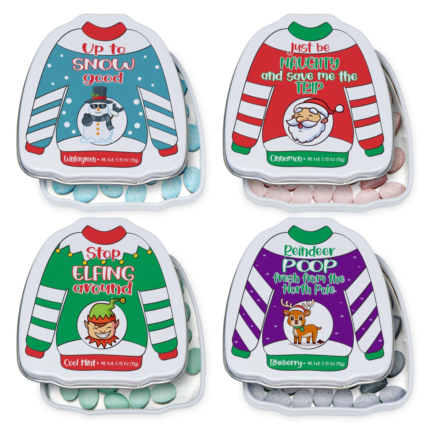 4E&#39;s Novelty Funny Sayings Christmas Poop Mint Tins, 4 Pack Stocking Stuffers for Kids Adult Teens, Christmas Candy Stocking Stuffer for Boys Girls Funny Gag Gift White Elephant Exchange for Men Women