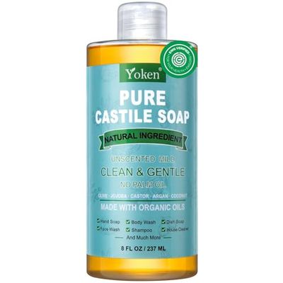 Yoken Pure Castile Liquid Soap Organic (EWG Verified, Unscented, 8 OZ), Made with Organic Oils, No Added Fragrance, Vegan, Castile Soap Liquid for Face, Laundry, Dishes, Sensitive Skin, Travel Soap