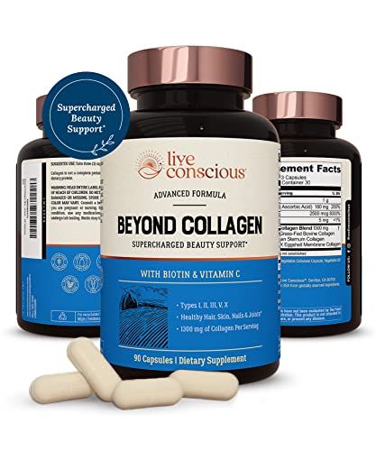 Live Conscious Beyond Collagen Multi Collagen Capsules - Types I, II, III, V X - Hydrolyzed Blend with Biotin Vitamin C for Hair, Skin, Nails 90 Capsules