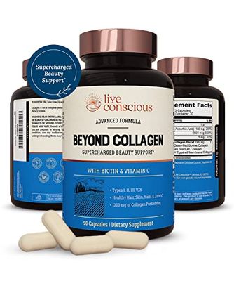 Live Conscious Beyond Collagen Multi Collagen Capsules - Types I, II, III, V X - Hydrolyzed Blend with Biotin Vitamin C for Hair, Skin, Nails 90 Capsules