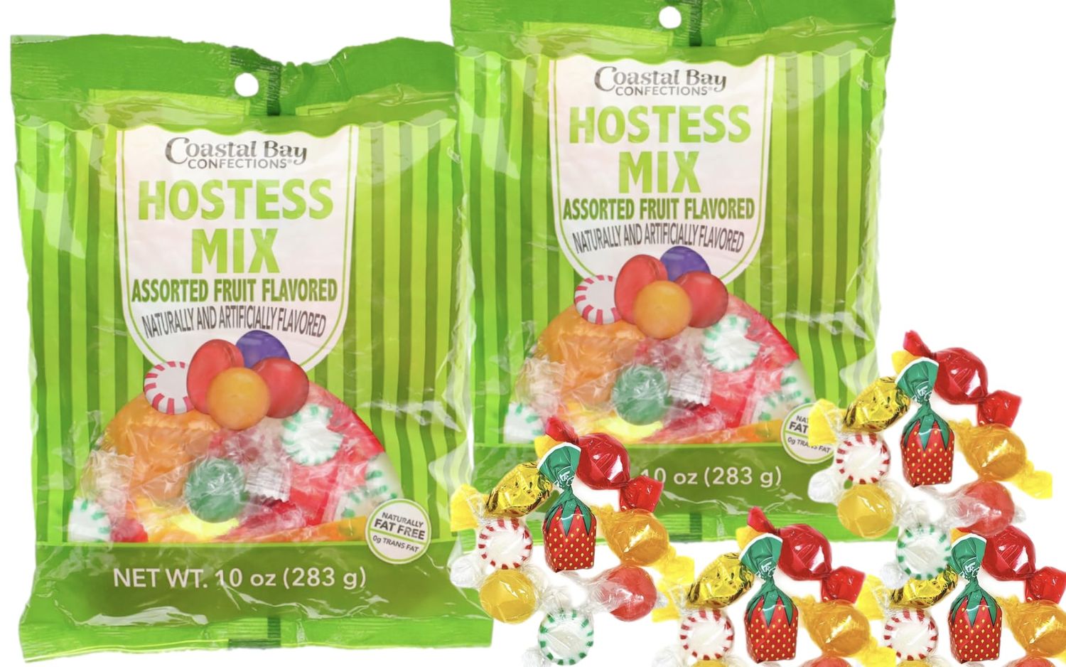 Generic Peppermint, Cinnamon, Butterscotch, Spearmint, Strawberry Assorted Fruit Flavors Hostess Mix Hard Candy Mix 2 Bags (10 oz each Bag) Individually wrapped, Fat Free Hard Candy.
