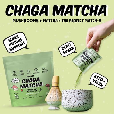 Renude Chaga Matcha - Chaga Mushroom Powder, Matcha Superfood Drink Mix with Adaptogens, Ceremonial Grade Mushroom Matcha, Keto, Vegan, Sugar Free, Natural Energy and Immune Support - 30 Servings