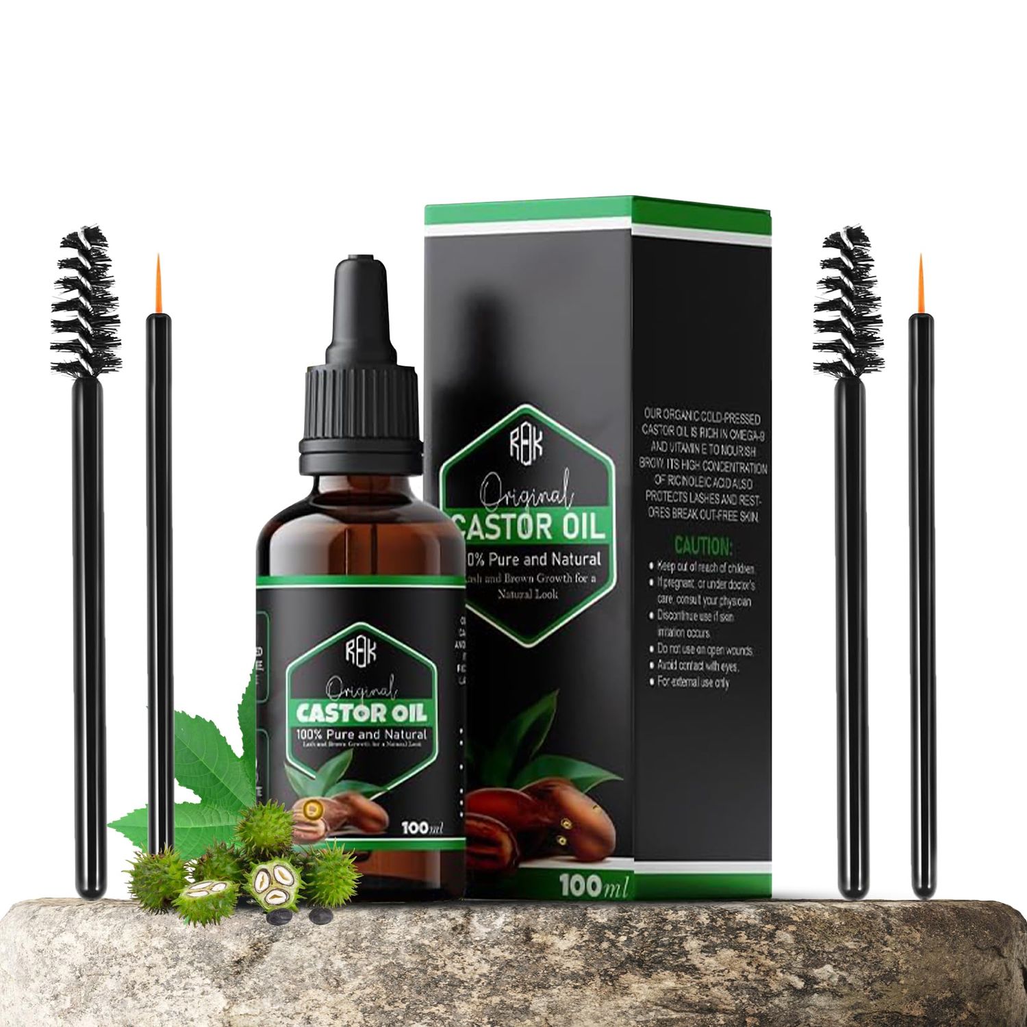 RAQK Organic Castor Oil 100 Pure and Natural Cold pressed castor oil for Haircare and Skincare Promotes Lash and Brown Growth for a Natural Look (3.4 fl oz 2x Eyelash Kit)