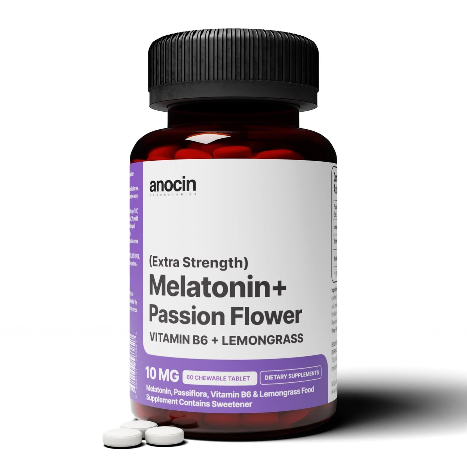 anocin Laboratories Melatonin 10mg 60 Tablets Passiflora Vitamin B6 and Lemon Balm Supplement Sleeping Pill Calming Chewable Tablet