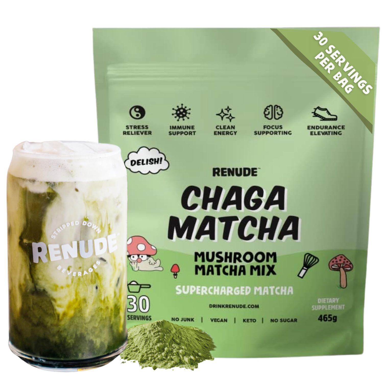 Renude Chaga Matcha - Chaga Mushroom Powder, Matcha Superfood Drink Mix with Adaptogens, Ceremonial Grade Mushroom Matcha, Keto, Vegan, Sugar Free, Natural Energy and Immune Support - 30 Servings