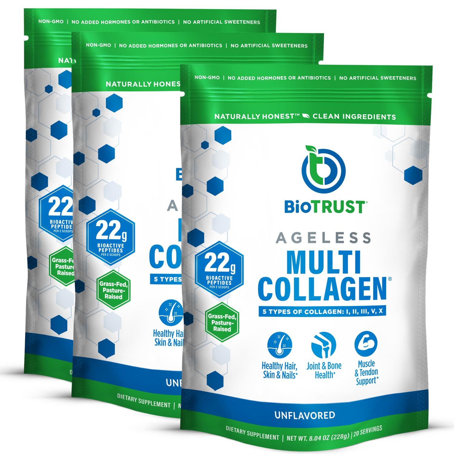 BioTrust Ageless Multi Collagen Peptides Powder - 5 Types (I, II, III, V, X) - Unflavored Collagen Powder for Women Men - Hydrolyzed Protein - Grass Fed Beef, Fish, Chicken, Eggshell Membrane, 3-pk