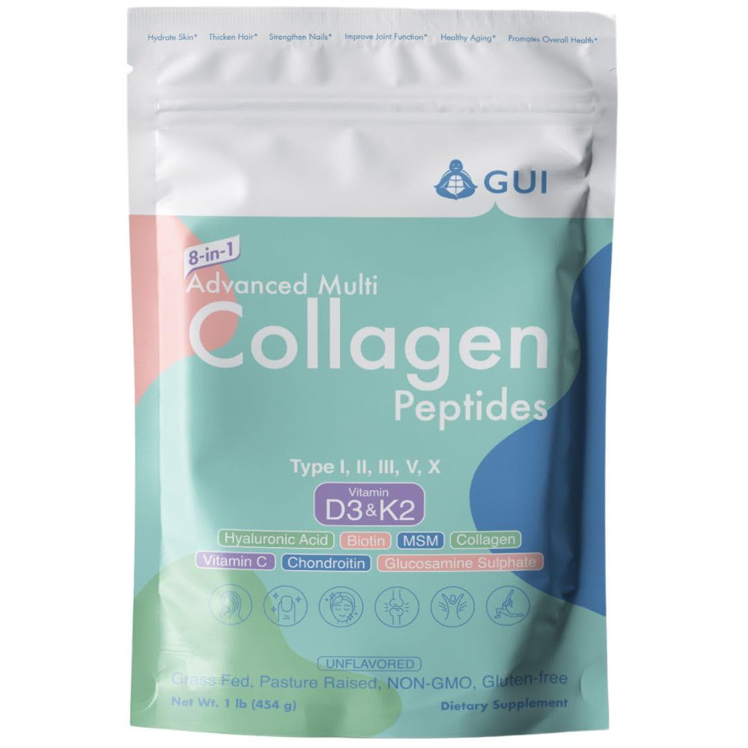8in1 Advanced Multi Collagen Peptides, 16 Oz - Hydrolyzed Protein Type I, II, III, V, X with Vitamin D3 K2, Hyaluronic Acid, Biotin, Vitamin C, MSM, Glucosamine Sulphate Chondroitin - Unflavored