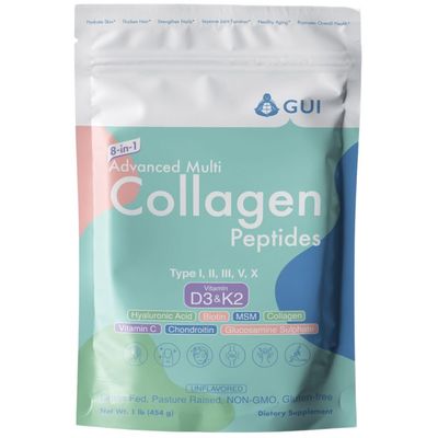 8in1 Advanced Multi Collagen Peptides, 16 Oz - Hydrolyzed Protein Type I, II, III, V, X with Vitamin D3 K2, Hyaluronic Acid, Biotin, Vitamin C, MSM, Glucosamine Sulphate Chondroitin - Unflavored
