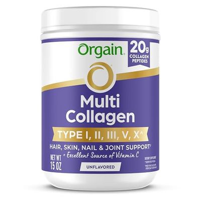 Orgain Hydrolyzed Multi Collagen Powder for Women Men, 20g Collagen, Supports Hair, Skin, Nail Joint Health, Type I, II, III, V, X, Vitamin C Amino Acids, Non-GMO, Unflavored (21 Servings) 15oz